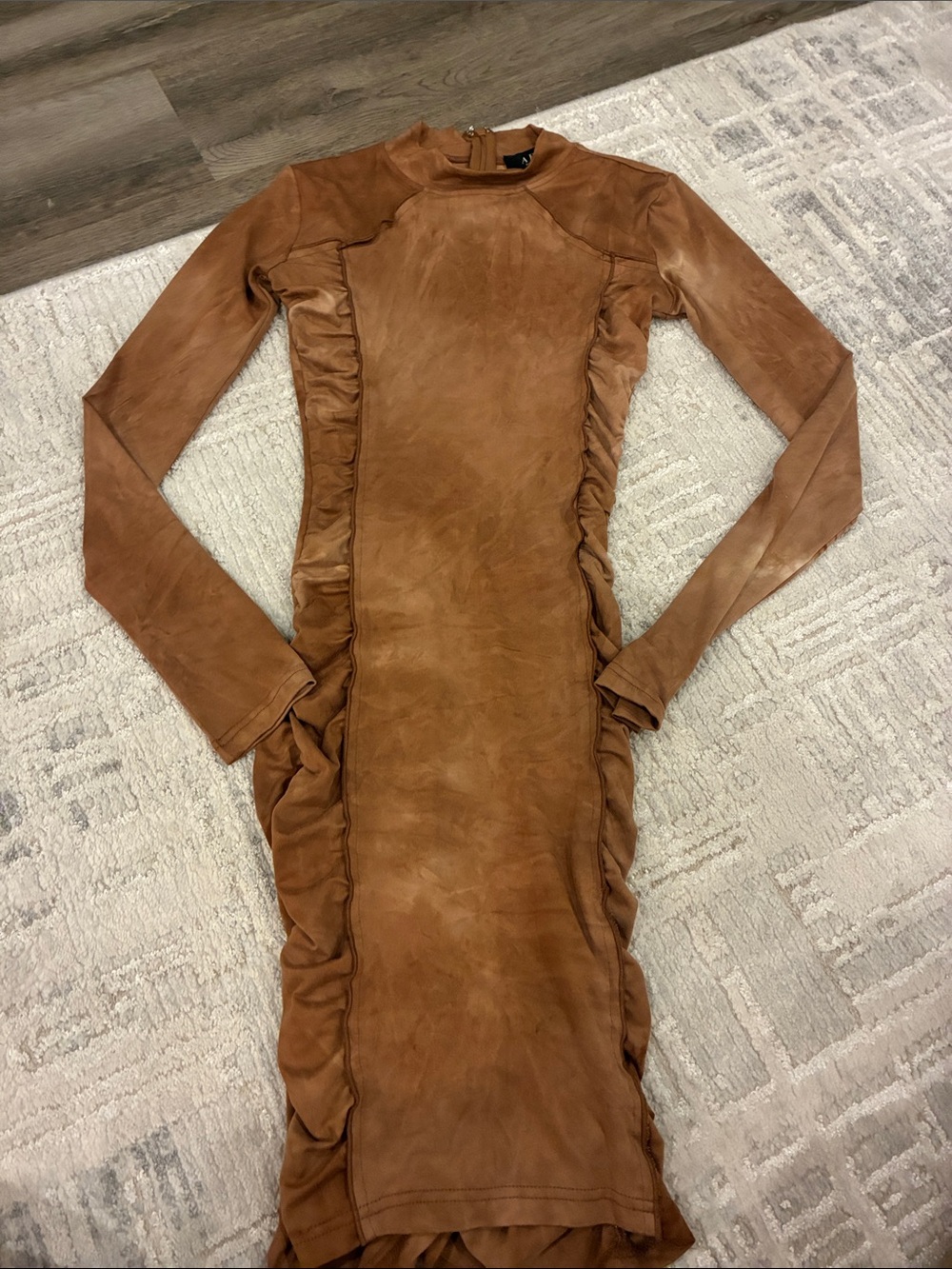 AKIRA Long-Sleeve Ruffle-Trim Bodycon Dress - Cognac Brown